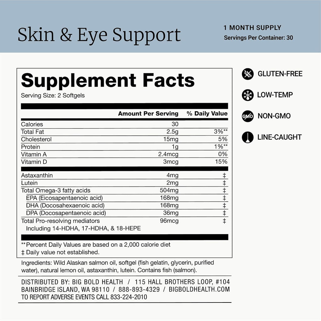 BIG BOLD HEALTH Skin & Eye Support - Complejo Omega-3 con Aceite de Salmón de Alaska, DHA, Astaxantina y Luteína - 60 Cápsulas Blandas