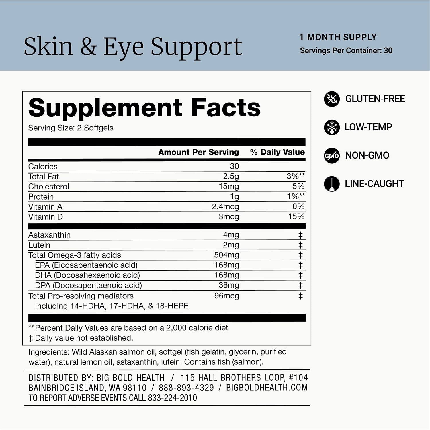 BIG BOLD HEALTH Skin & Eye Support - Complejo Omega-3 con Aceite de Salmón de Alaska, DHA, Astaxantina y Luteína - 60 Cápsulas Blandas