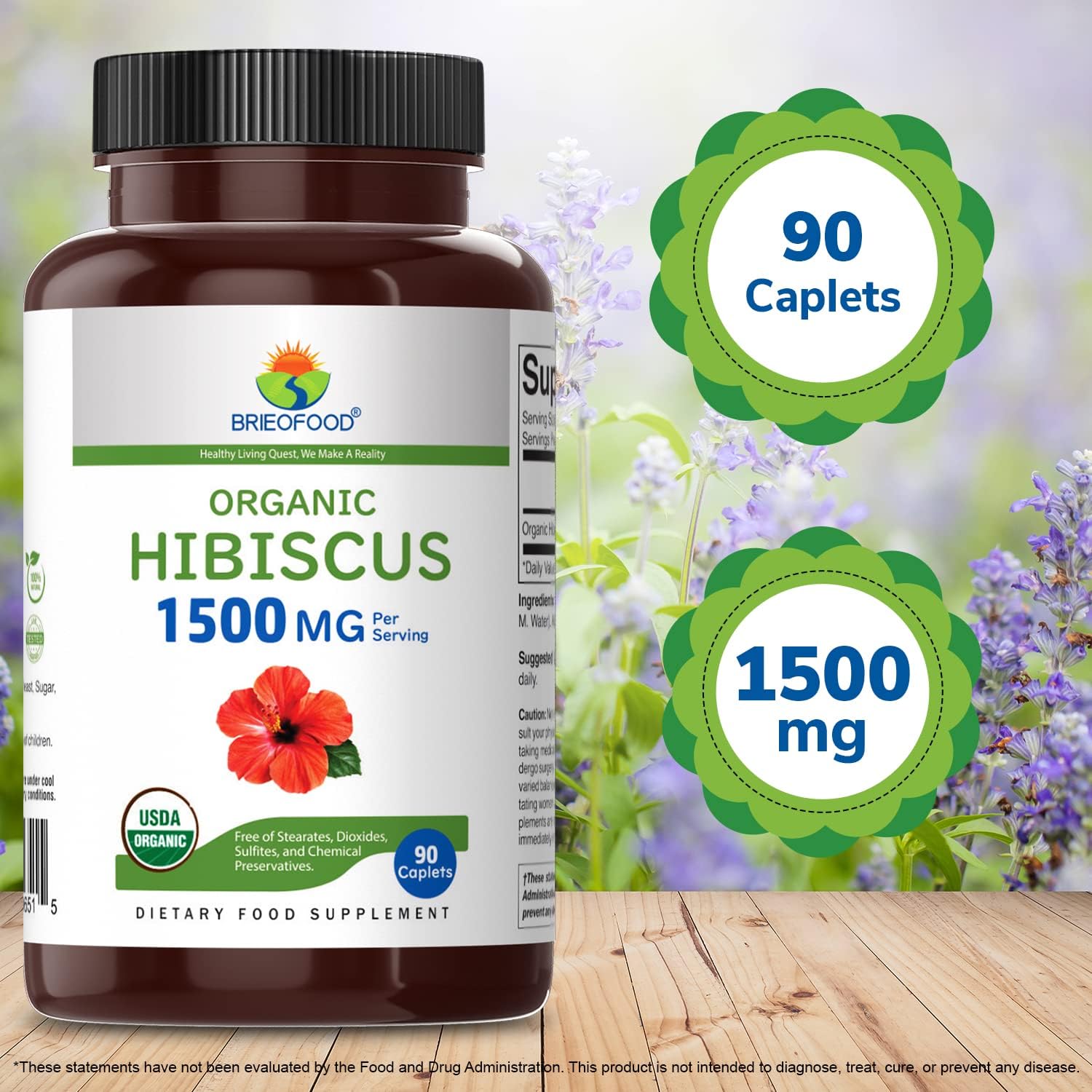 Brieofood Hibisco Orgánico 1500mg, 90 Comprimidos Vegetarianos