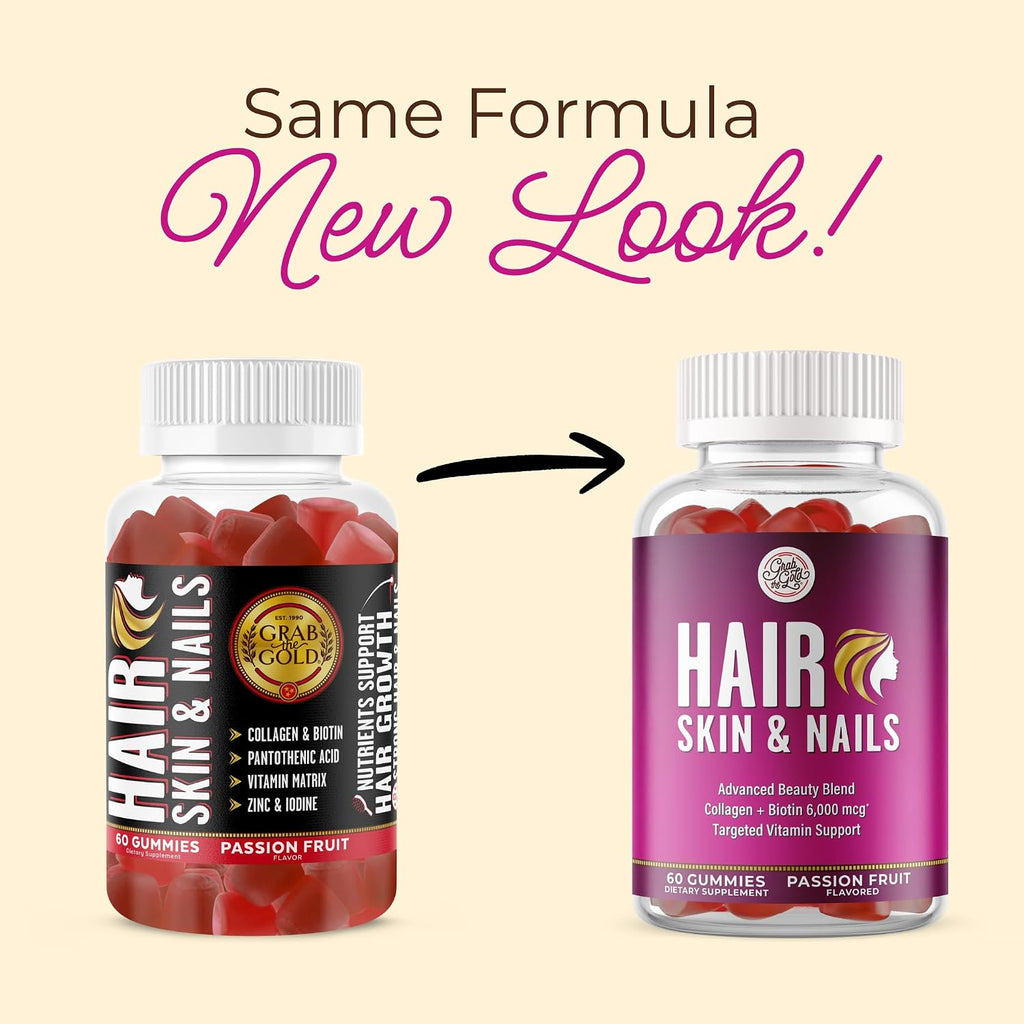 Grab The Gold Vitaminas para Cabello, Piel y Uñas | Gominolas con Biotina 6000 mcg y Colágeno | Sabor Maracuyá | Sin Gluten, No-GMO