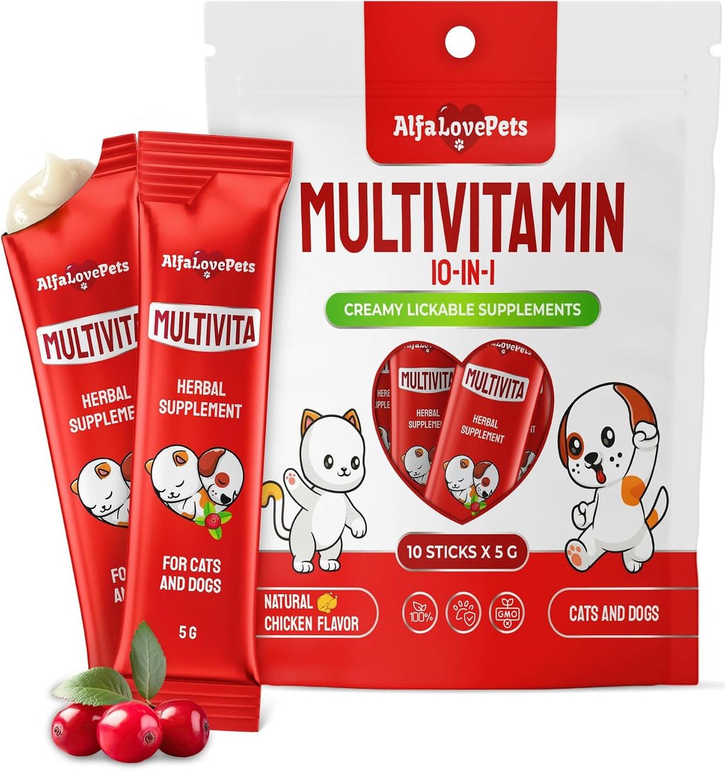 Multivitamínico Líquido para Perros y Gatos - 10 en 1 con Vitaminas B, C, D3, Glucosamina y Arándano - Sabor Arándano - 2 oz