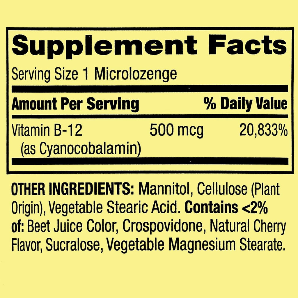 Sublingual B12 500 mcg - Spring Valley - Cherry Flavor - 200 comprimidos