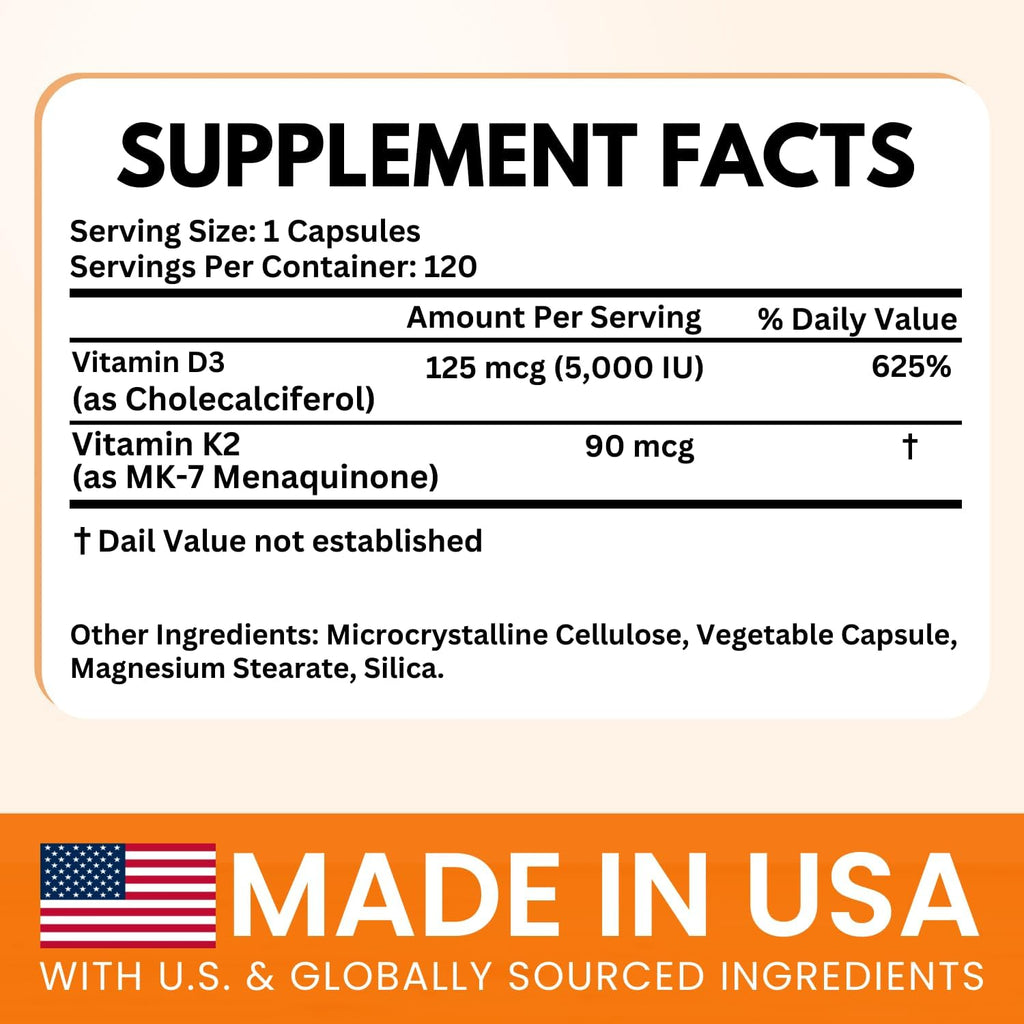 VITBOOST Complejo Vitamina D3 y K2 - 5000 UI D3 (125 mcg) + 90 mcg K2 MK-7 | 120 Cápsulas | No GMO | Sin Gluten