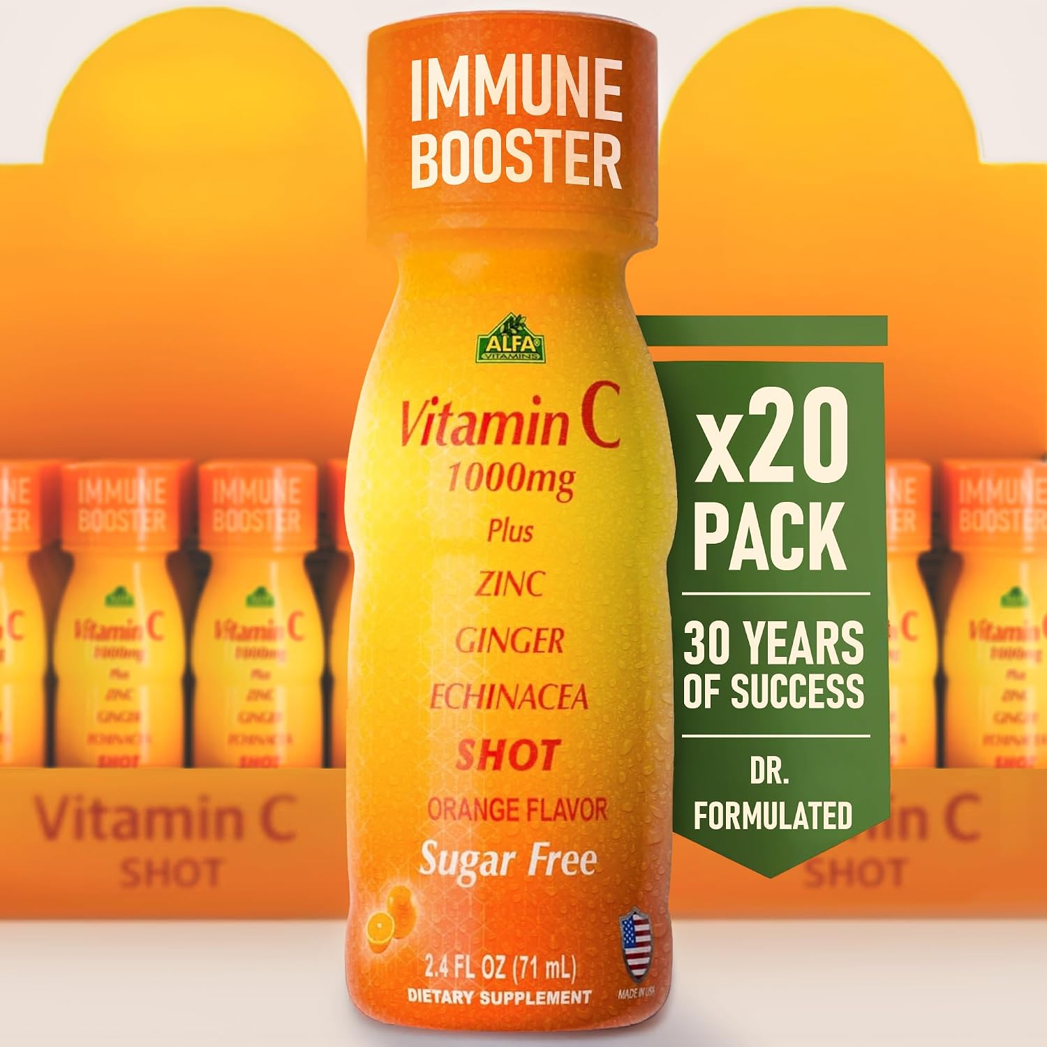 ALFA VITAMINS Shot de Vitamina C 1000mg con Zinc, Jengibre y Equinácea – Sabor Naranja – 20 viales de 72 ml