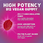 Gominolas de Vitamina B12 3000 mcg - Extra Fuerza, Sabor a Bayas, 60 Unidades