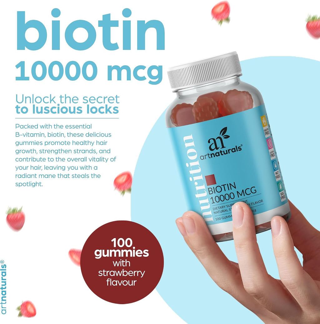 Artnaturals Gominolas de Biotina 10000mcg – Apoyo para Cabello, Piel y Uñas – 100 Gominolas