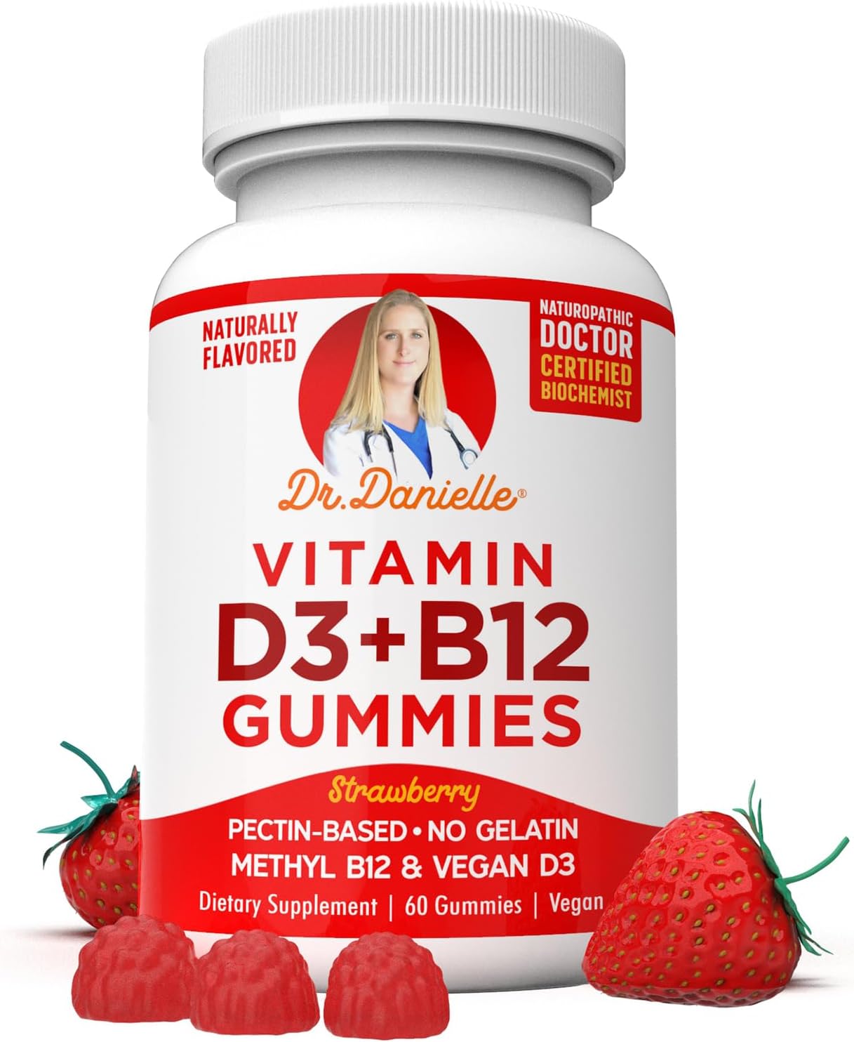 Vitaminas D3 + B12 Gummies de Doctor Danielle, Suplemento Vegano Diario, 1000 UI Vitamina D3 + 250 mcg Vitamina B12, 60 Gominolas