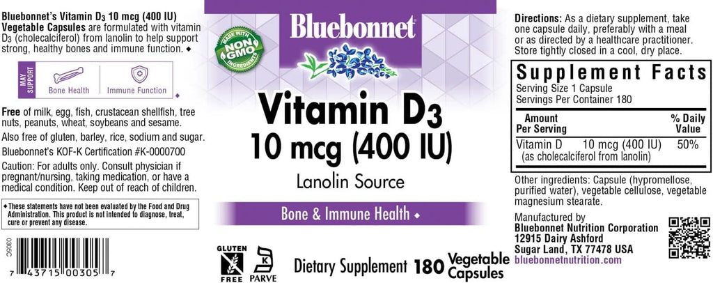 Bluebonnet Nutrition Vitamina D3 400 UI - 180 Cápsulas Vegetales