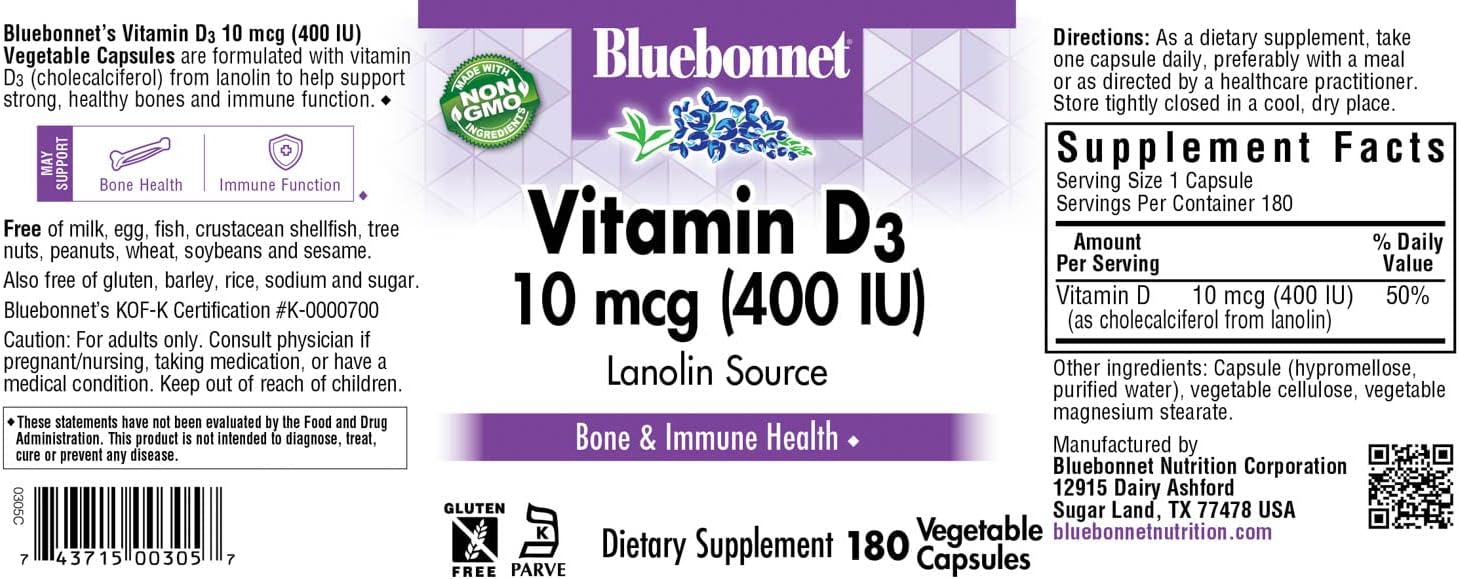 Bluebonnet Nutrition Vitamina D3 400 UI - 180 Cápsulas Vegetales