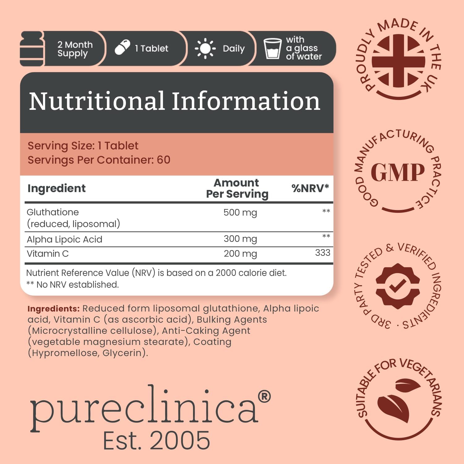pureclinica Glutathione 1000 mg – 120 Tablets (2 x 60) with Vitamin C and Alpha Lipoic Acid