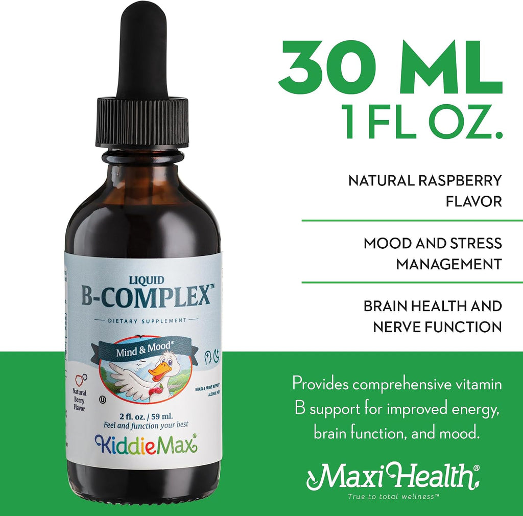 Maxi Health Complex B Líquido – 9 Vitaminas B Esenciales con B1, B6, B12 (Metilcobalamina) – Sabor Frambuesa, 59 ml