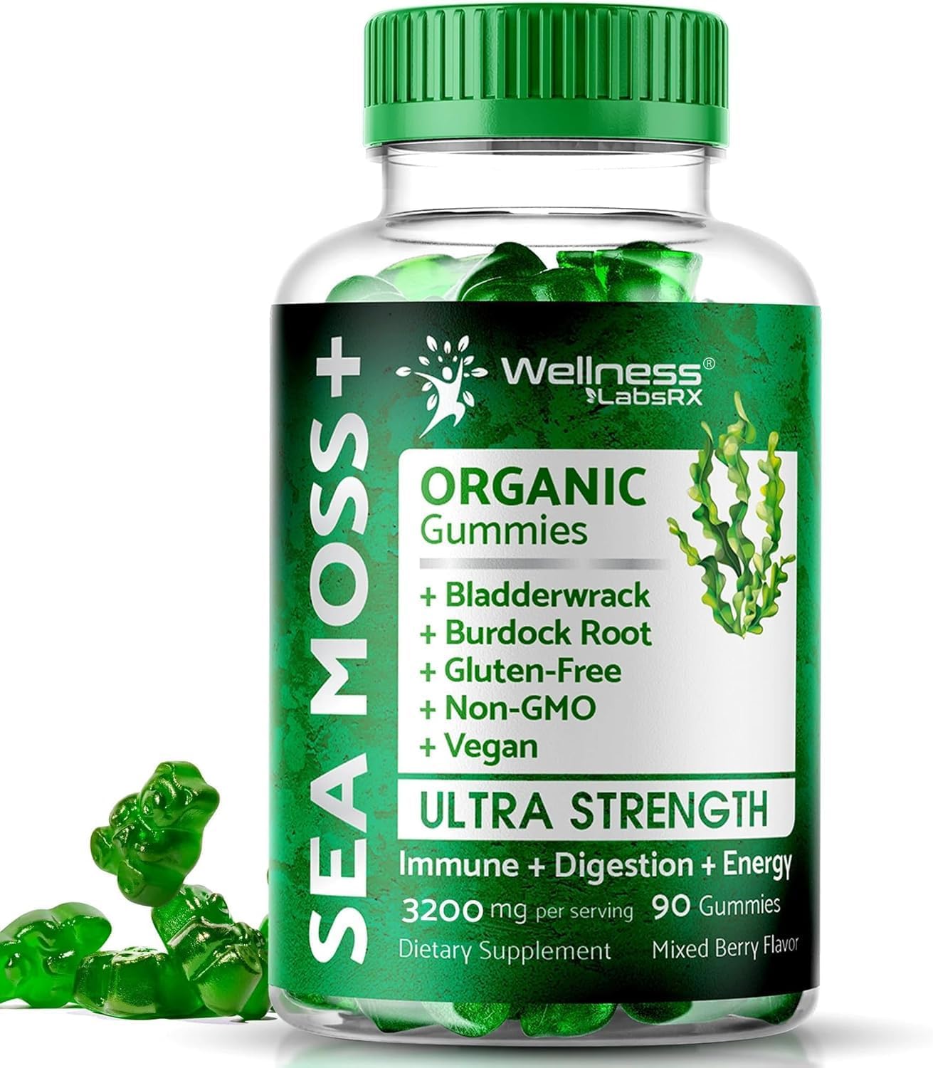 WELLNESS LABSRX Gominolas de Musgo Marino, 3200mg Irish Sea Moss Sabor a Baya Mixta con Bladderwrack y Raíz de Bardana - Apoyo para la Piel, Energía e Inmunidad - 90 Unidades