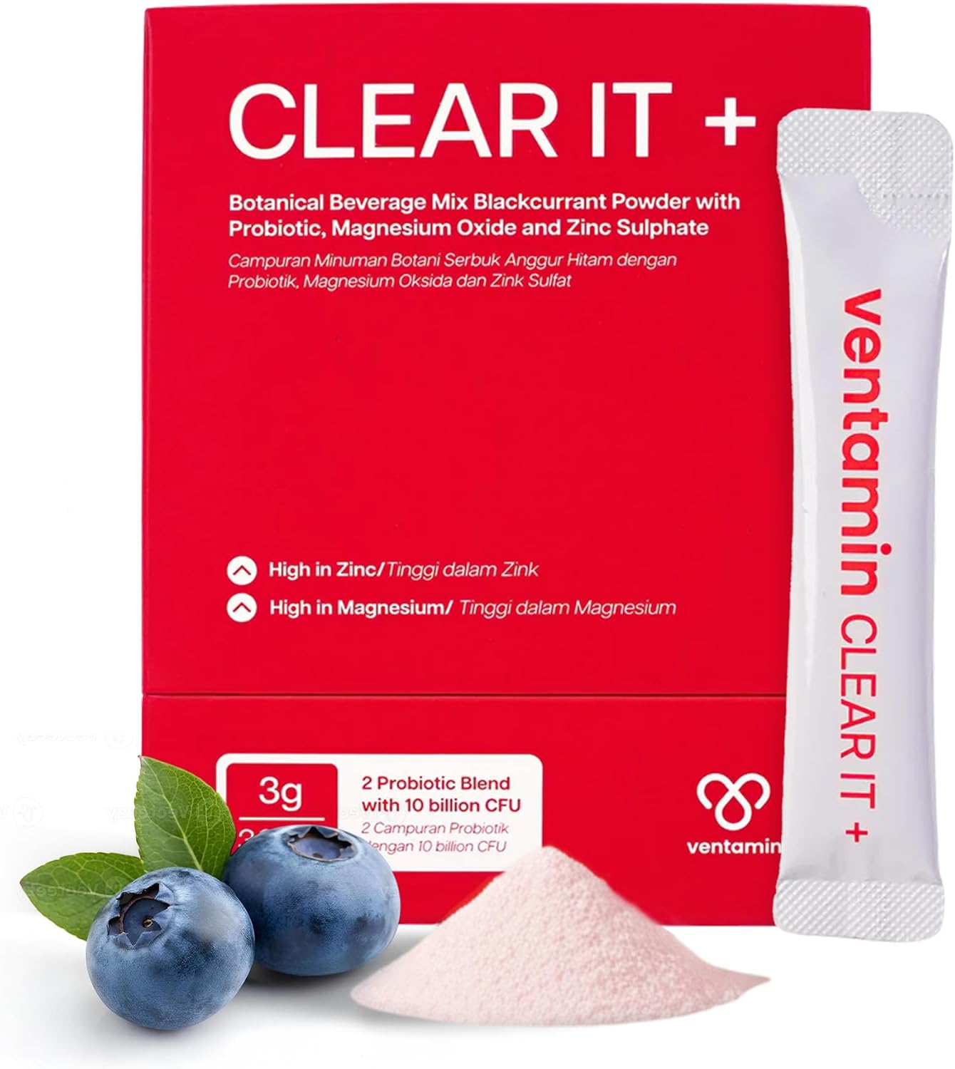 Clear It+ Suplemento para el Acné – Apoyo Hormonal y Quístico con 10 Mil Millones de UFC Probióticos, Zinc, Magnesio y Complejo Vitamínico B – Detox Cutáneo para una Piel Más Clara y Lisa (30 Sobres)