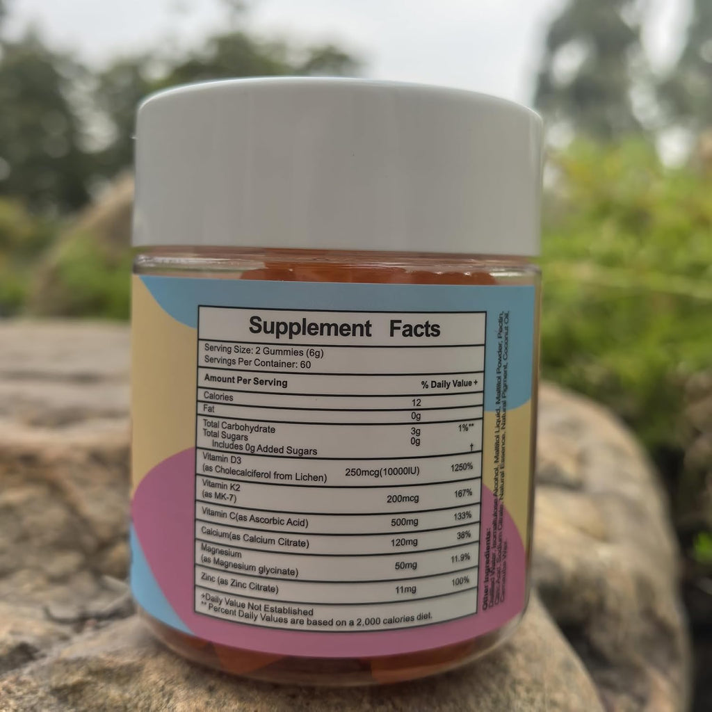 Vitamin D3 K2 Gummies, Vitamina D3 10000 UI con K2 200 mcg, Vitamina C, Calcio, Magnesio, Zinc, Apoyo para Huesos, Articulaciones, Músculos, Nervios y Sistema Inmunológico (60, Naranja, Sin Azúcar)