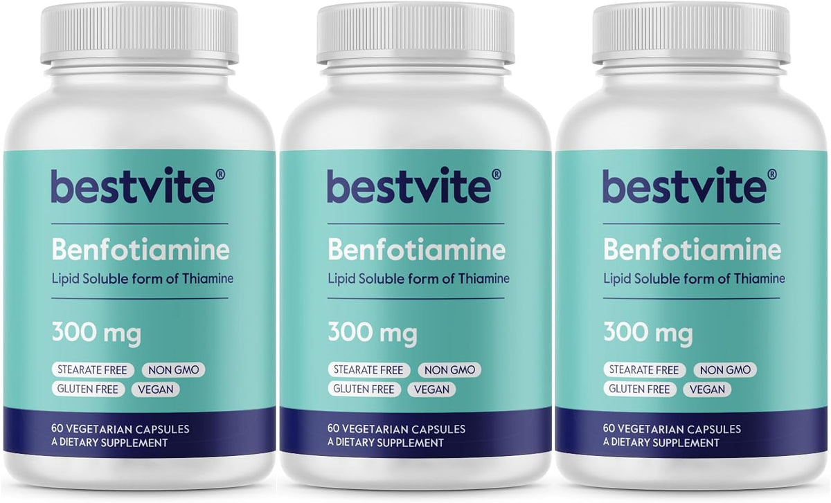 BESTVITE Benfotiamine 300mg (180 Vegetarian Capsules) (60x3) No Stearates - No Silicon Dioxide - Vegan - Non GMO - Gluten – Image 1