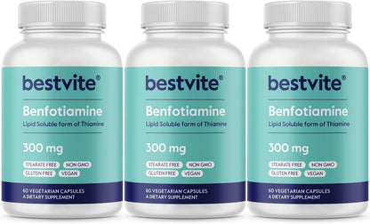 BESTVITE Benfotiamine 300mg (180 Vegetarian Capsules) (60x3) No Stearates - No Silicon Dioxide - Vegan - Non GMO - Gluten – Image 1