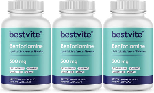 BESTVITE Benfotiamine 300mg (180 Vegetarian Capsules) (60x3) No Stearates - No Silicon Dioxide - Vegan - Non GMO - Gluten Free