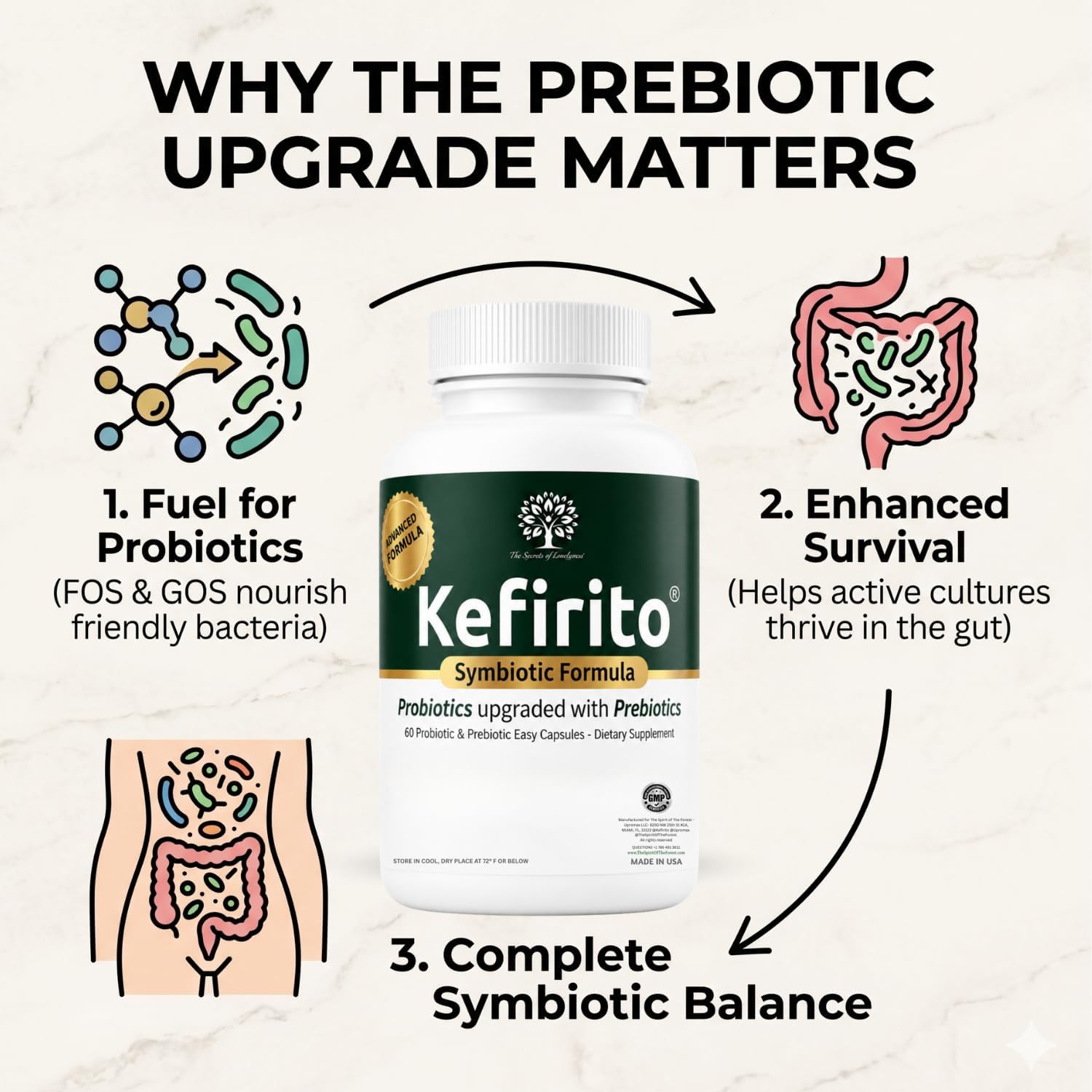 Kefirito Daily Symbiotic Formula – Suplemento Simbiótico Diario con Probióticos y Prebióticos, 60 Cápsulas