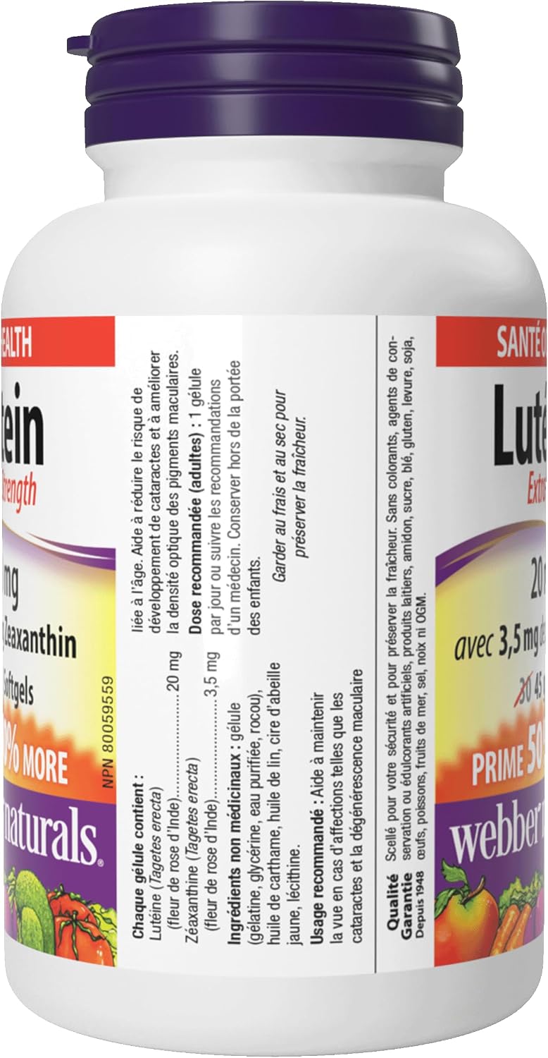 Webber Naturals Luteína Extra Fuerte con Zeaxantina, 20 mg, 30 Cápsulas Blandas