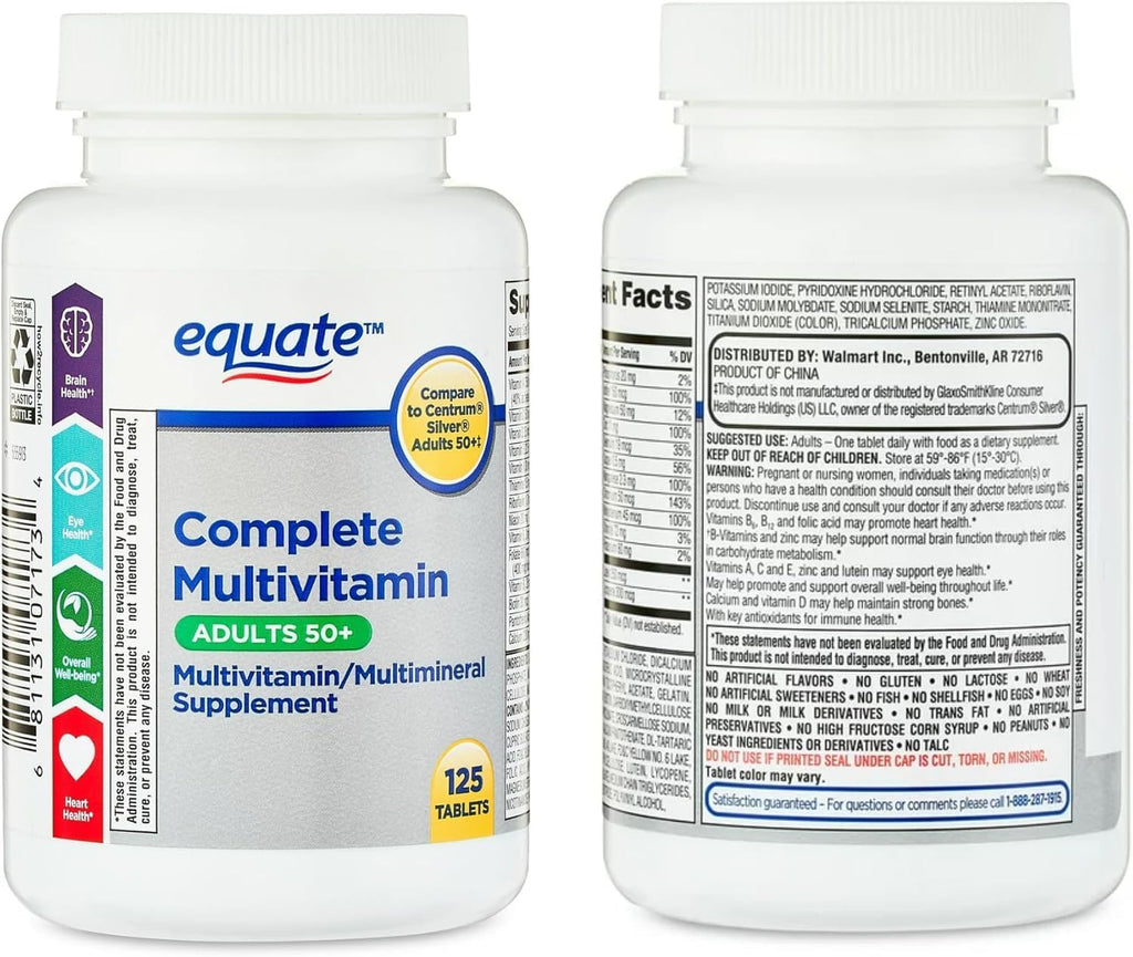 Equate Adulto 50+ Multivitamínico Multimineral Completo de Una Toma Diaria, Salud Cerebral - 125 Comprimidos