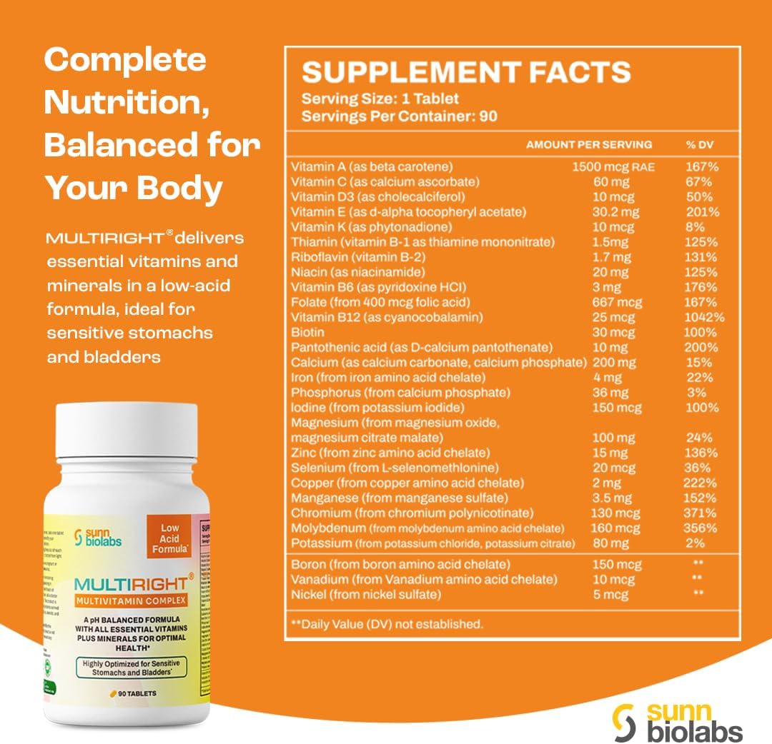 MULTIRIGHT Multivitamínico Bajo en Ácido para Estómagos y Vejigas Sensibles - 14 Vitaminas y 14 Minerales - pH Equilibrado - 180 Comprimidos (2 Paquetes)