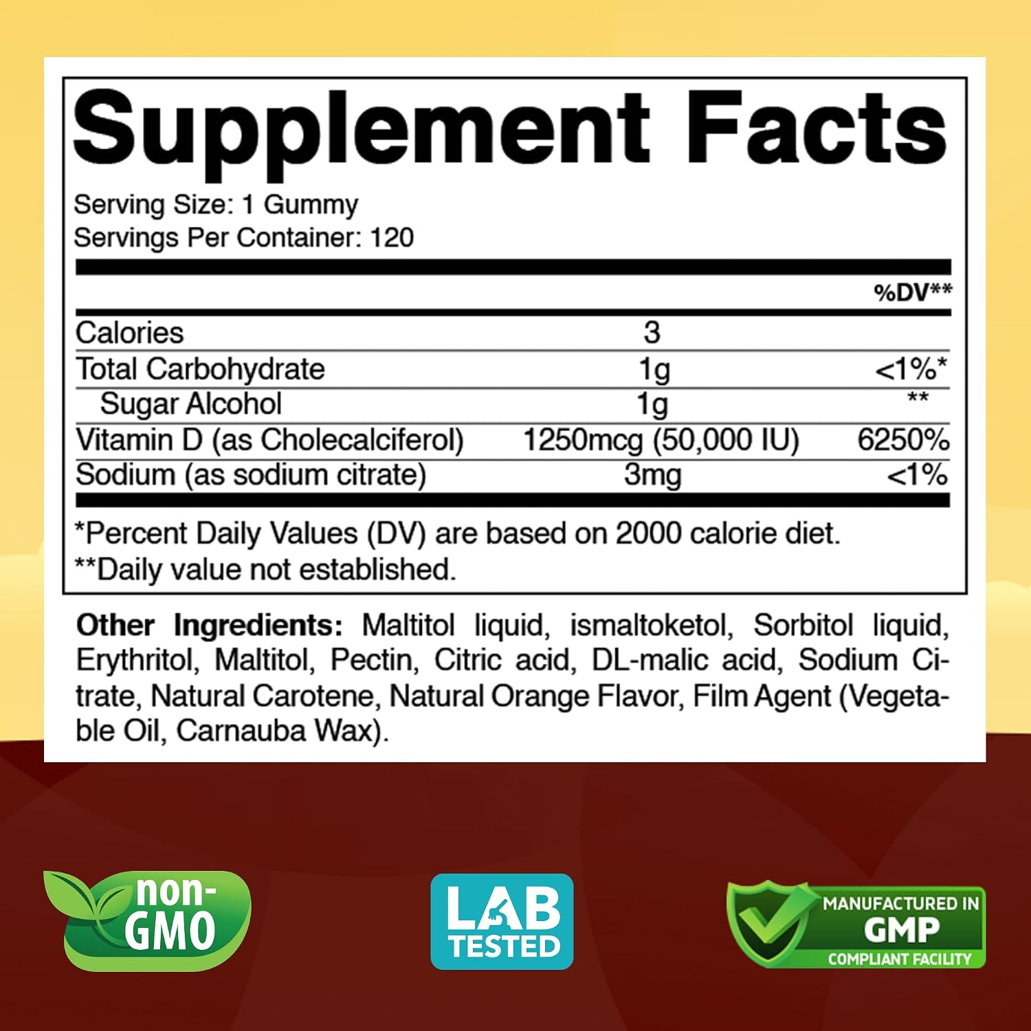 Vitabod Gominolas de Vitamina D3 sin Azúcar, 50.000 UI Semanales – 120 unidades – Apoyo para Huesos, Dientes y Sistema Inmunitario – Sin OGM, Fácil de Masticar