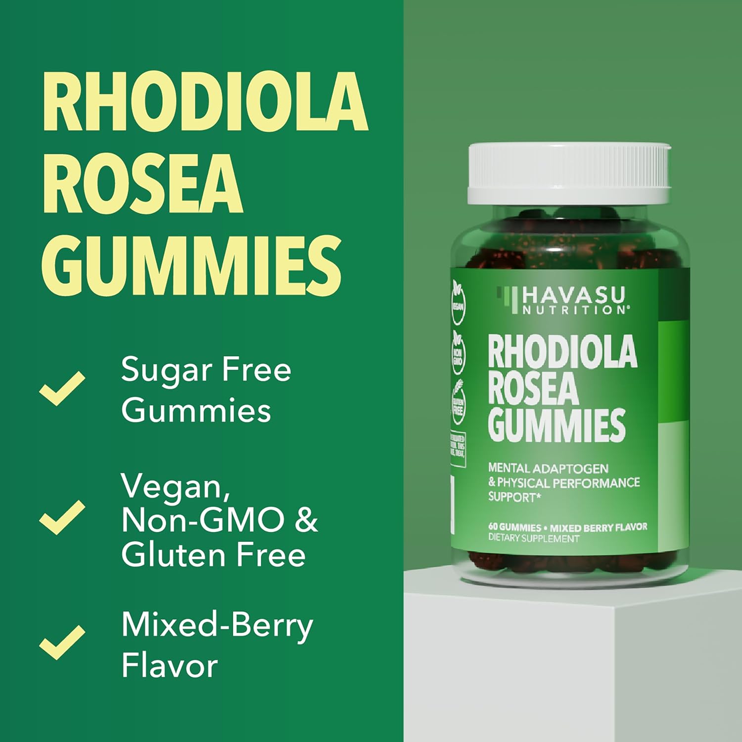 Rhodiola Rosea Gummies – Gomitas Adaptógenas Sin Azúcar, 60 uds – Sabor a Bayas Mixtas