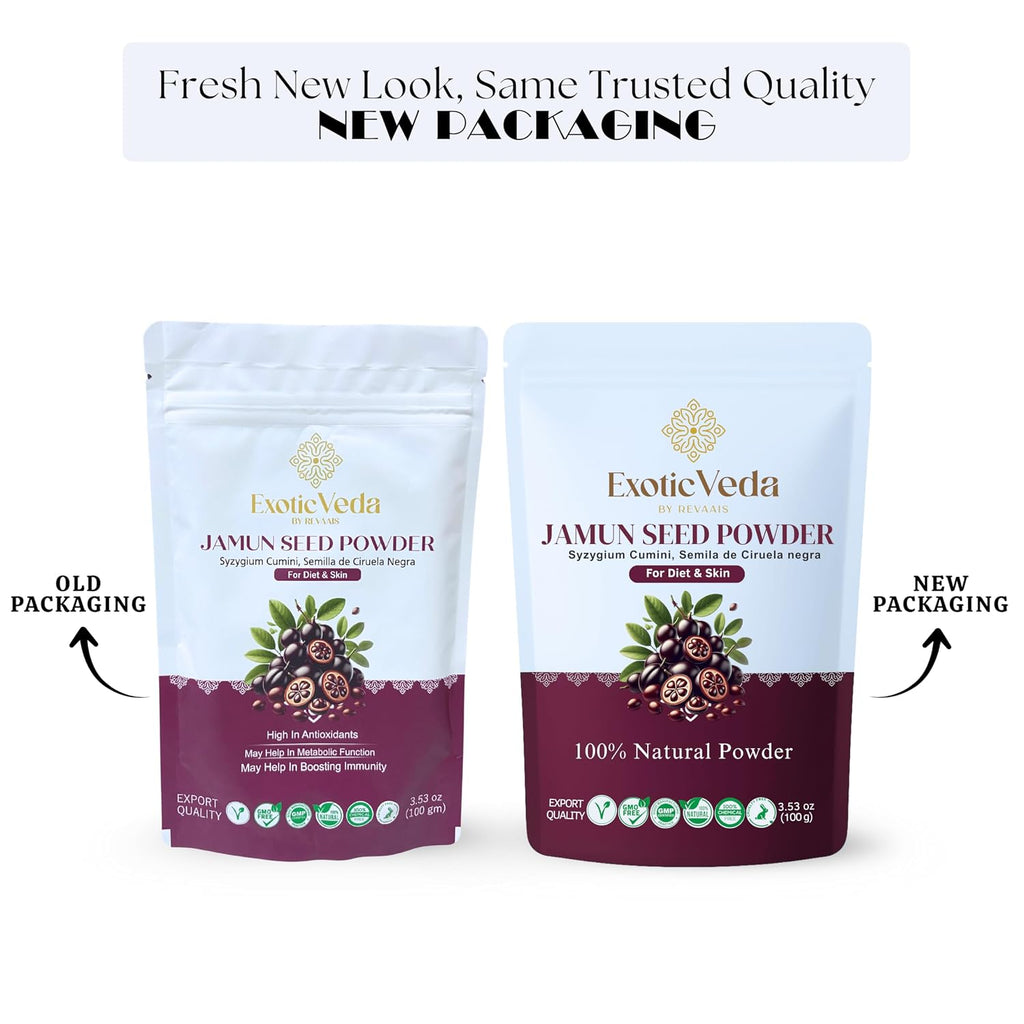 Exotic Veda Polvo de Semillas de Jamun – 100% Puro (Eugenia Jambolana) | Vegano, Sin Gluten, No Transgénico | Para Batidos, Cocina y Mascarillas – 100g