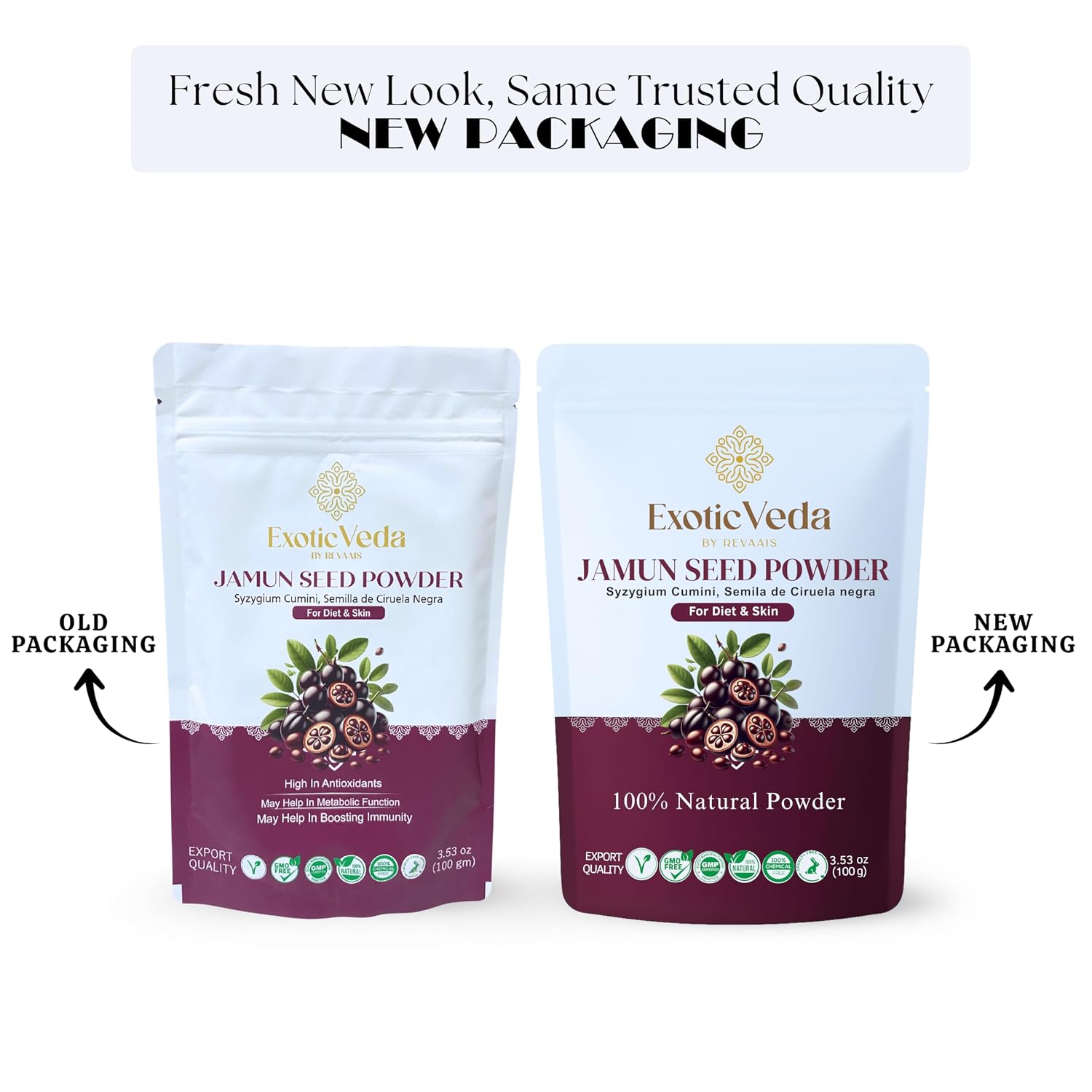 Exotic Veda Polvo de Semillas de Jamun – 100% Puro (Eugenia Jambolana) | Vegano, Sin Gluten, No Transgénico | Para Batidos, Cocina y Mascarillas – 100g