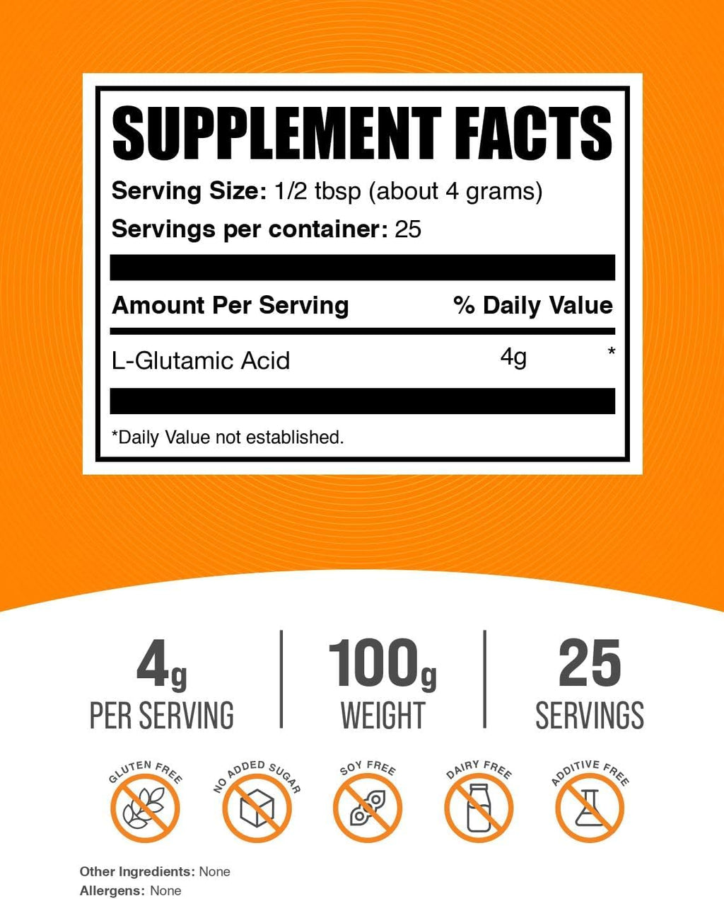 BulkSupplements.com Ácido L-Glutámico en Polvo - Suplemento de Glutamato - Sin Sabor y Sin Gluten, 4g por Ración, 100g