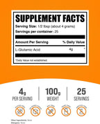 BulkSupplements.com Ácido L-Glutámico en Polvo - Suplemento de Glutamato - Sin Sabor y Sin Gluten, 4g por Ración, 100g