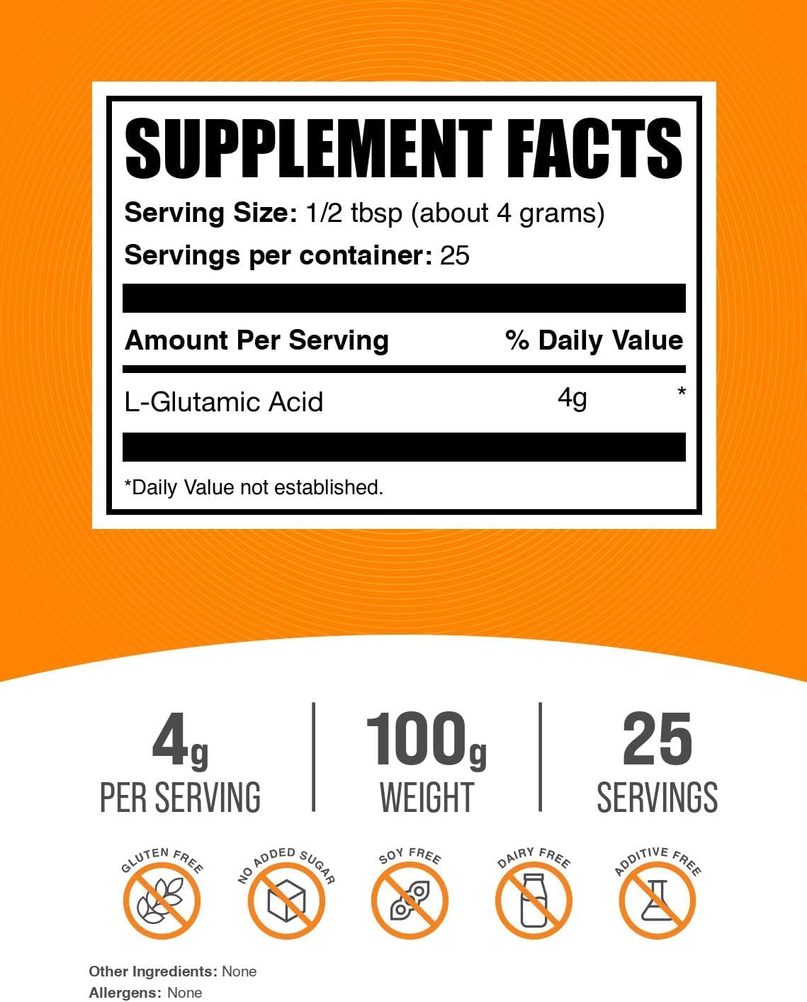 BulkSupplements.com Ácido L-Glutámico en Polvo - Suplemento de Glutamato - Sin Sabor y Sin Gluten, 4g por Ración, 100g