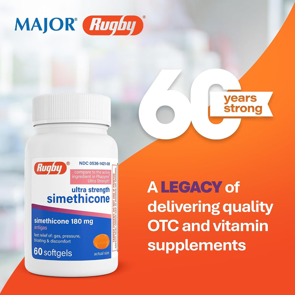 Rugby Ultra Strength Simeticona 180 mg - Alivio de Gases para Adultos - 60 Cápsulas Blandas