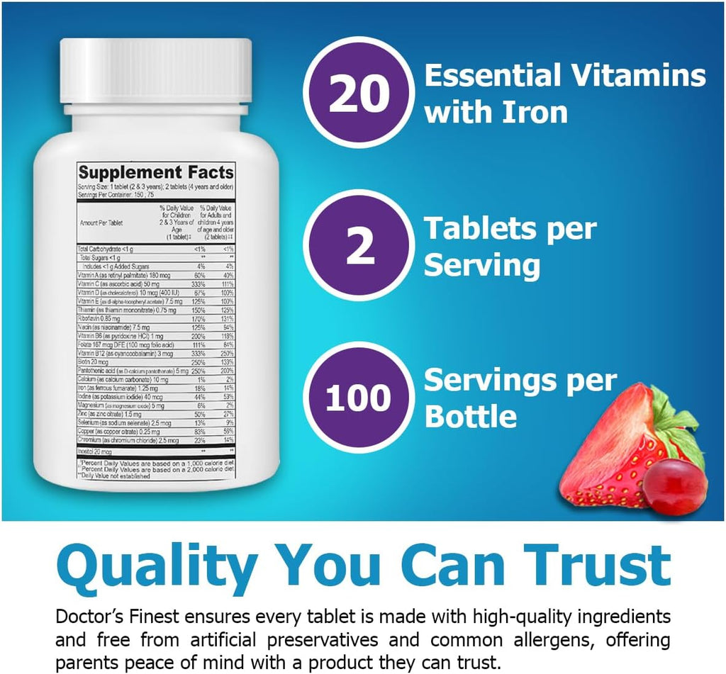 Doctor's Finest Multivitamínico y Multimineral Infantil con Hierro, Sabor Uva y Bayas, 150 Comprimidos Masticables
