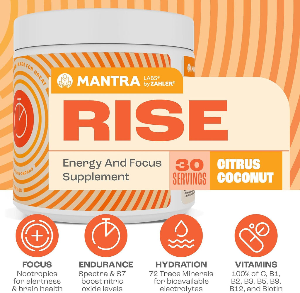Zahler Mantra Rise – Suplemento de Energía y Enfoque, Sabor Coco y Cítricos, 30 porciones