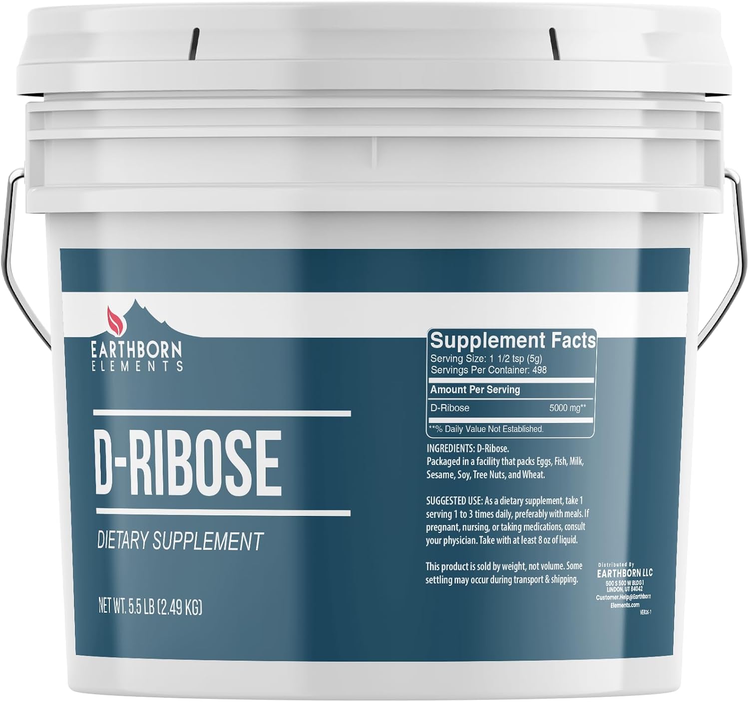 Earthborn Elements D-Ribose en Polvo, 1 Galón (3.78 L), Puro y Sin Aditivos, Complemento Alimenticio