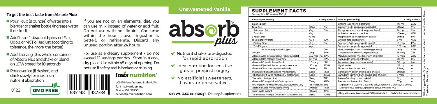 Absorb Plus Isolate Protein – Suplemento Dietético para Salud Intestinal y Soporte Nutricional (100 g, Vainilla sin Endulzar)