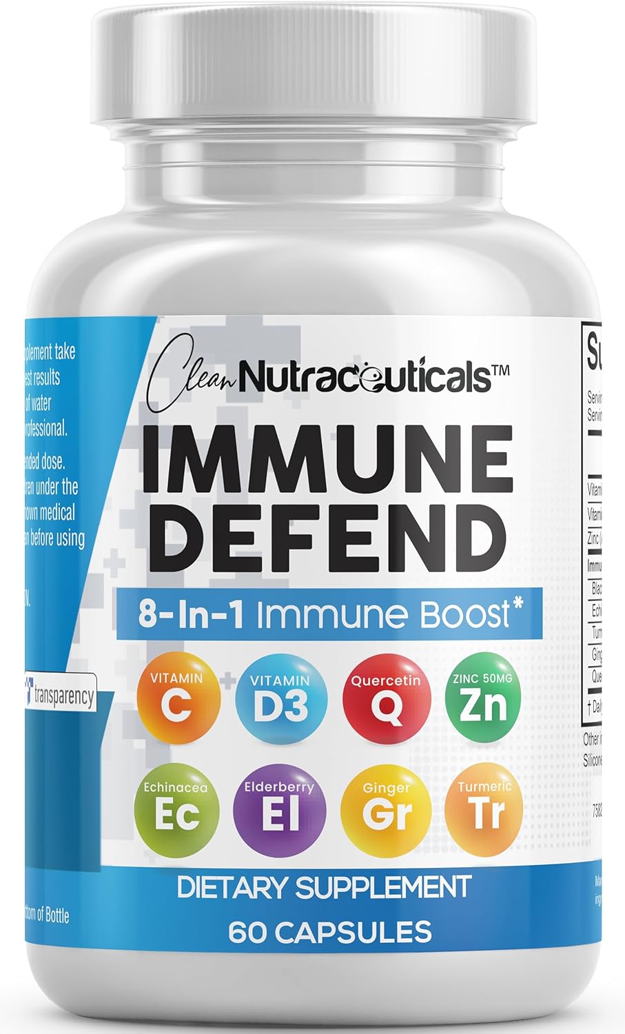 Clean Nutraceuticals Immune Defense Support – Suplemento 8 en 1 con Zinc 50mg, Quercetina, Vitamina C 1000mg, Vitamina D3 5000 UI, Saúco, Jengibre – 60 cápsulas veganas