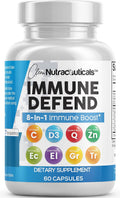 Clean Nutraceuticals Immune Defense Support – Suplemento 8 en 1 con Zinc 50mg, Quercetina, Vitamina C 1000mg, Vitamina D3 5000 UI, Saúco, Jengibre – 60 cápsulas veganas