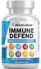 Clean Nutraceuticals Immune Defense Support – Suplemento 8 en 1 con Zinc 50mg, Quercetina, Vitamina C 1000mg, Vitamina D3 5000 UI, Saúco, Jengibre – 60 cápsulas veganas