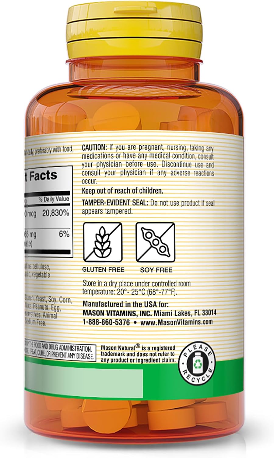 MASON NATURAL Vitamina B12 500 mcg con Calcio - 100 Tabletas