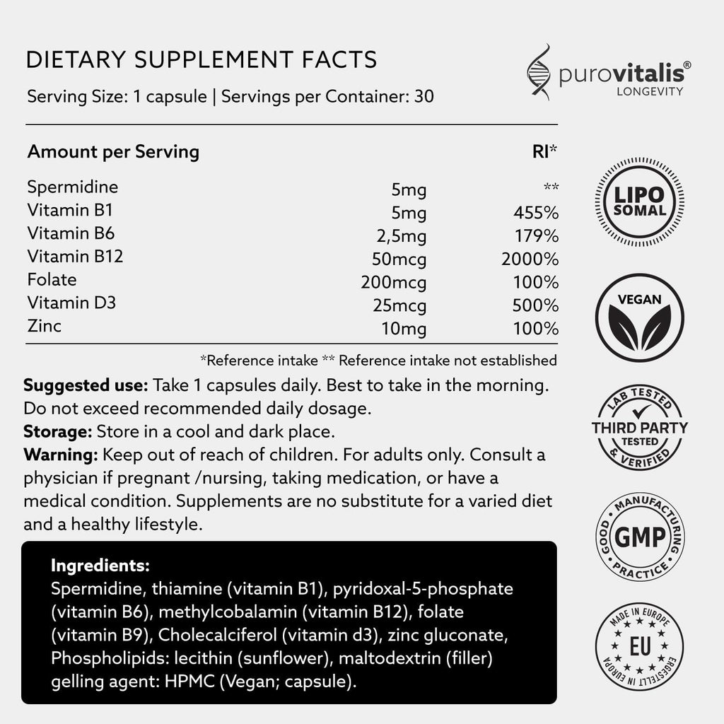 PUROVITALIS Spermidina Liposomal 5mg con Zinc, Vitamina D3 y B12 - 30 Cápsulas Veganas
