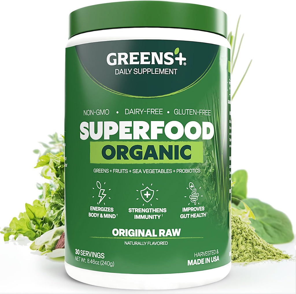 Greens+ Polvo de superalimento orgánico RAW - Superalimento Orgánico en Polvo (240 g)