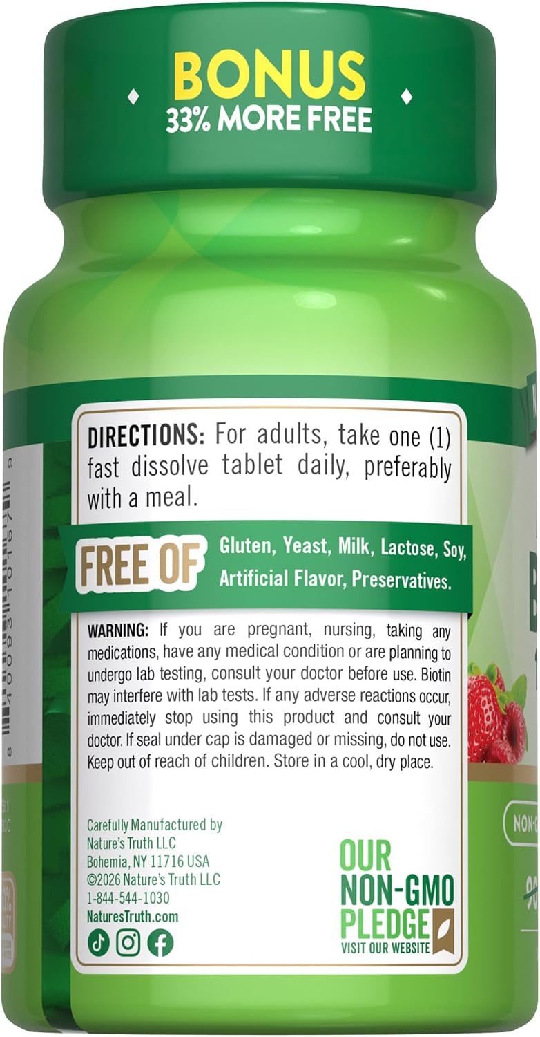 Nature's Truth Biotina 10000 mcg - 120 Comprimidos de Disolución Rápida - Alta Potencia - Vegano, Sin OGM y Sin Gluten