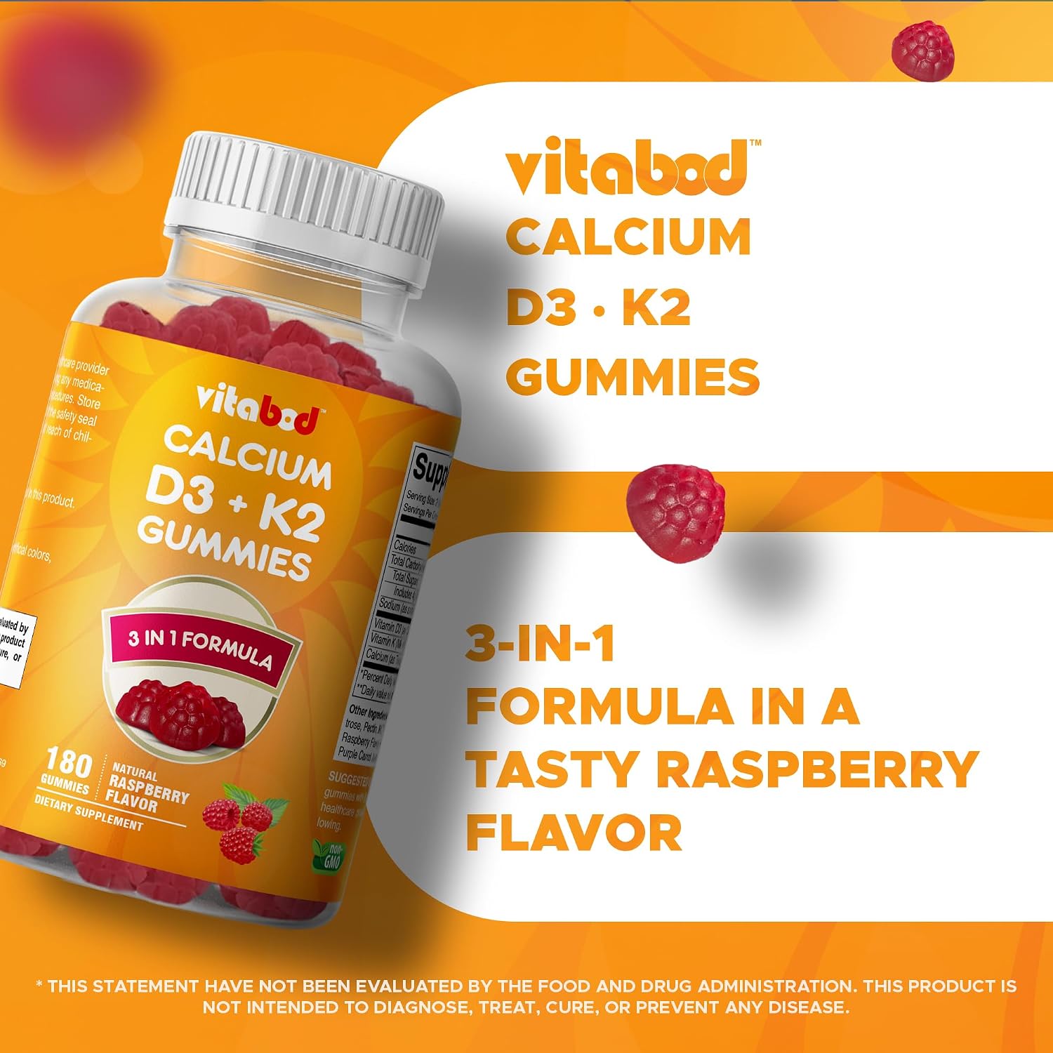 Vitabod Vitamin D3 + K2 Gummies – Gominolas Veganas de Frambuesa – 180 uds