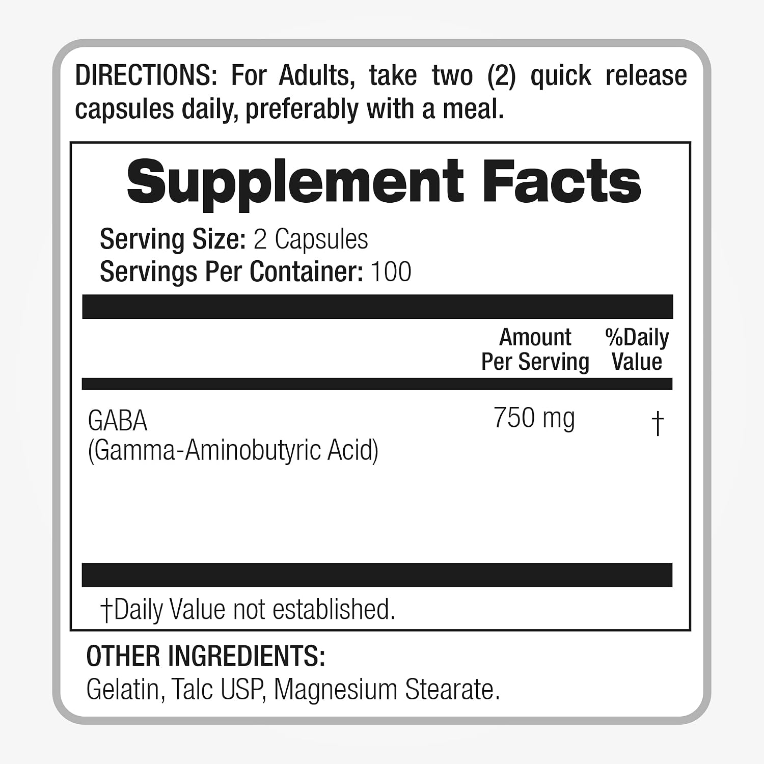 GABA Cápsulas - 750 mg por Ración - 200 Cápsulas - Complemento Alimenticio
