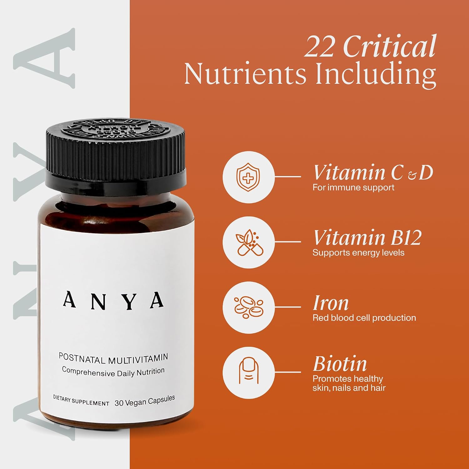 ANYA Multivitamínico Postparto, Vitaminas para la Lactancia, 30 Cápsulas - Vitaminas A, C, D3, Zinc, B12, Biotina, Folato y Hierro - 100% Vegano, Sin Gluten, Sin OGM