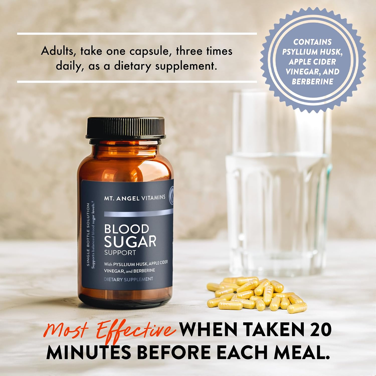 Mt. Angel Vitamins Blood Sugar Support - Suplemento con Berberina, Canela y Vinagre de Manzana - 60 Cápsulas