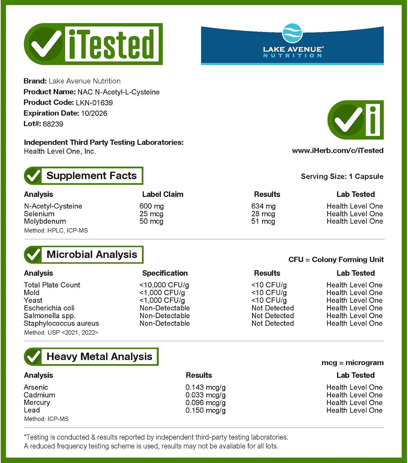 Lake Avenue Nutrition N-Acetil-L-Cisteína, 600 mg, 120 Cápsulas Vegetales