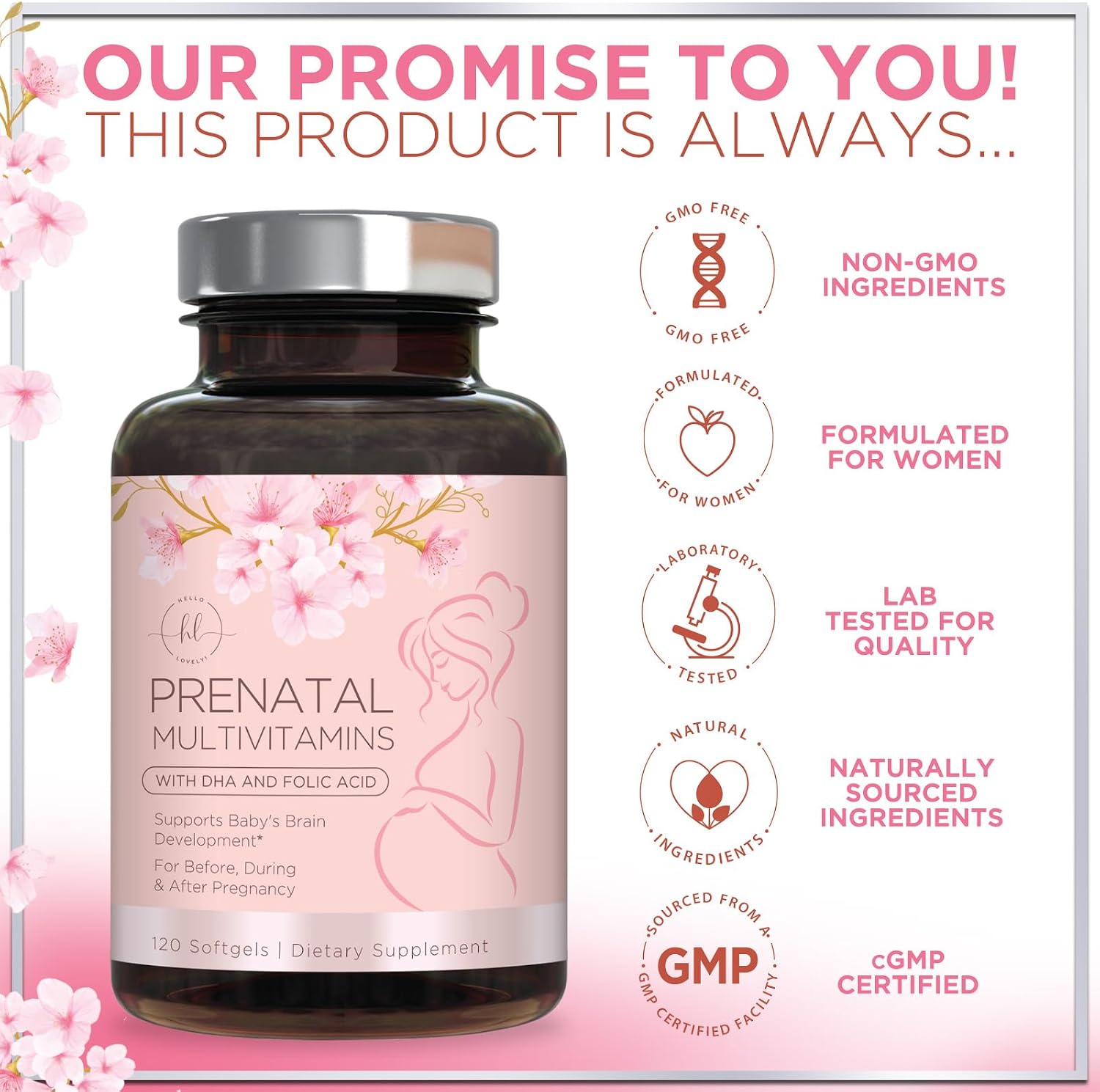 Hello Lovely! Vitaminas Prenatales con Ácido Fólico + Omega 3 DHA - 120 Cápsulas Blandas